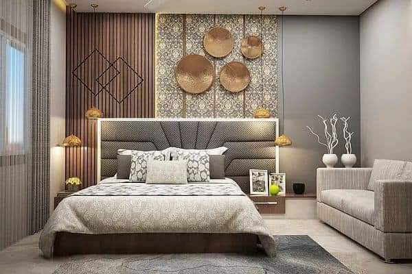 Cream wood platform bed with marble wall panel