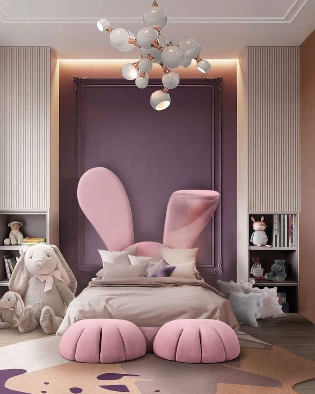 Kids bedroom — pink bunny bed with bubble chandelier