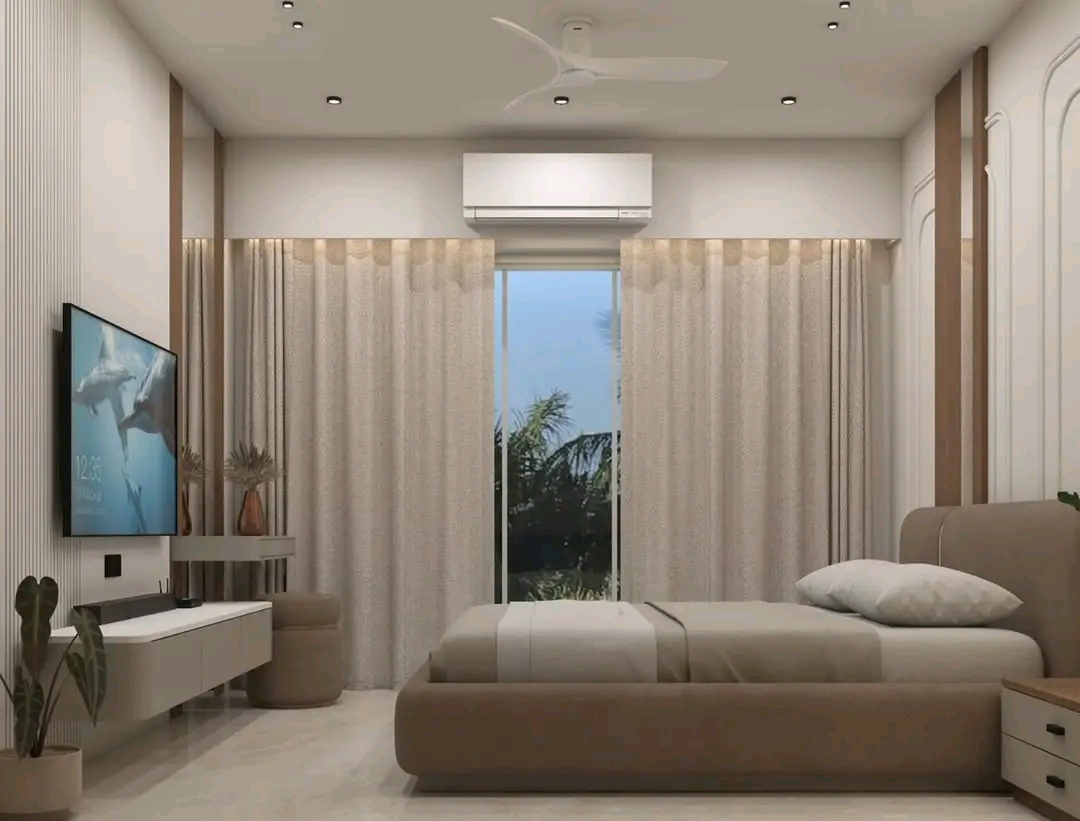Warm brown upholstered bed with soft curtain backdrop
