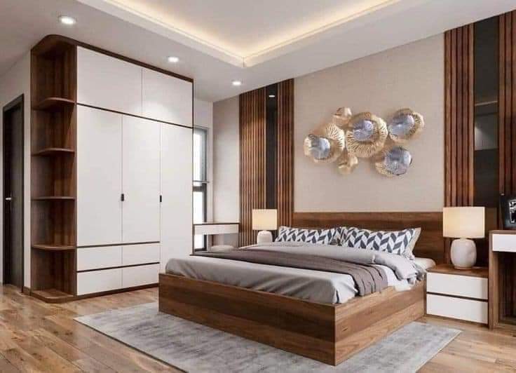 Wood & white wardrobe with open shelves