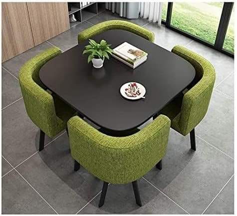 Square black table with 4 green upholstered chairs