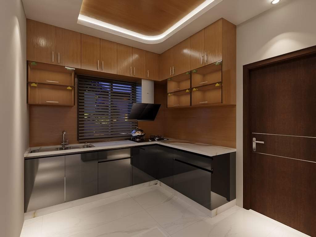 Wood-tone L-kitchen with sleek dark countertop