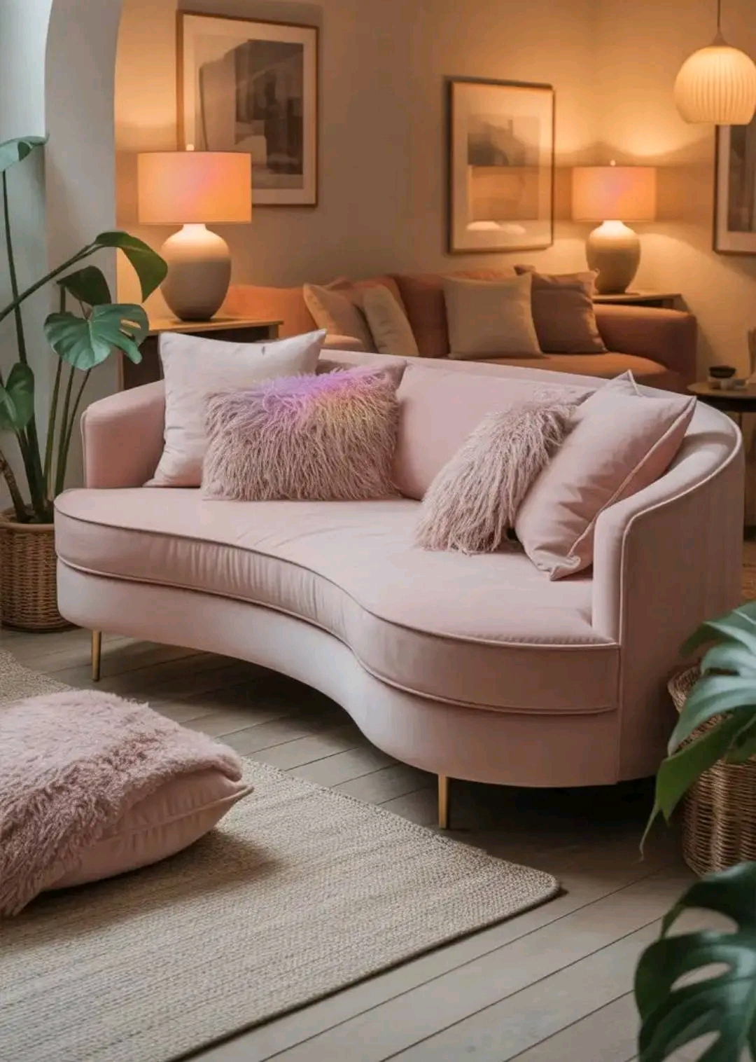 Blush pink curved sofa in a warm, lamp-lit living room