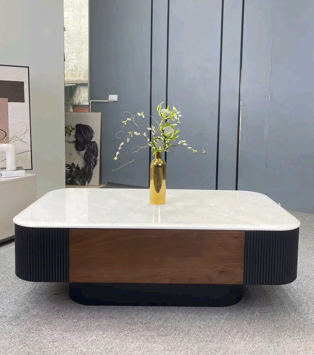 White marble top & walnut body coffee table