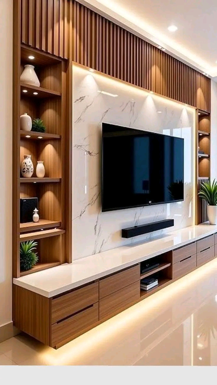 Marble back panel with wood & lit open shelves