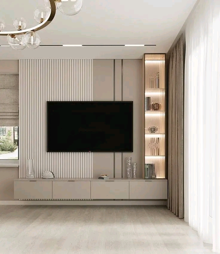 White fluted feature wall with warm shelf lighting